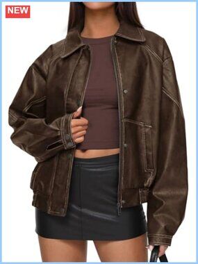 Faux Leather Moto Biker Jacket Oversized Women Long Sleeve Zipper Coat